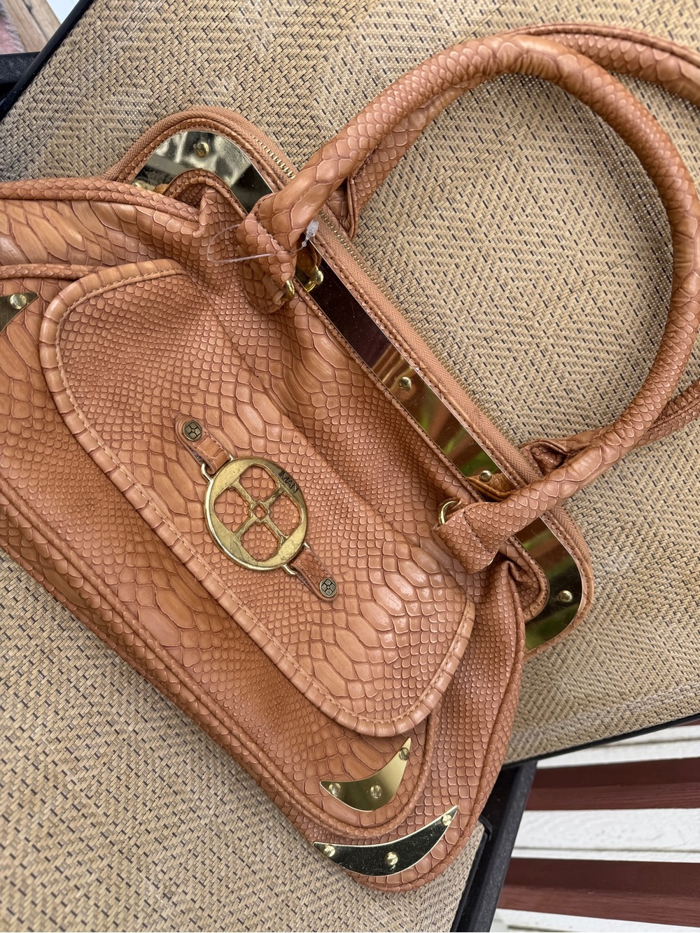 Women's IMAN Tan Faux-Snake Leather Satchel with Gold Hardware